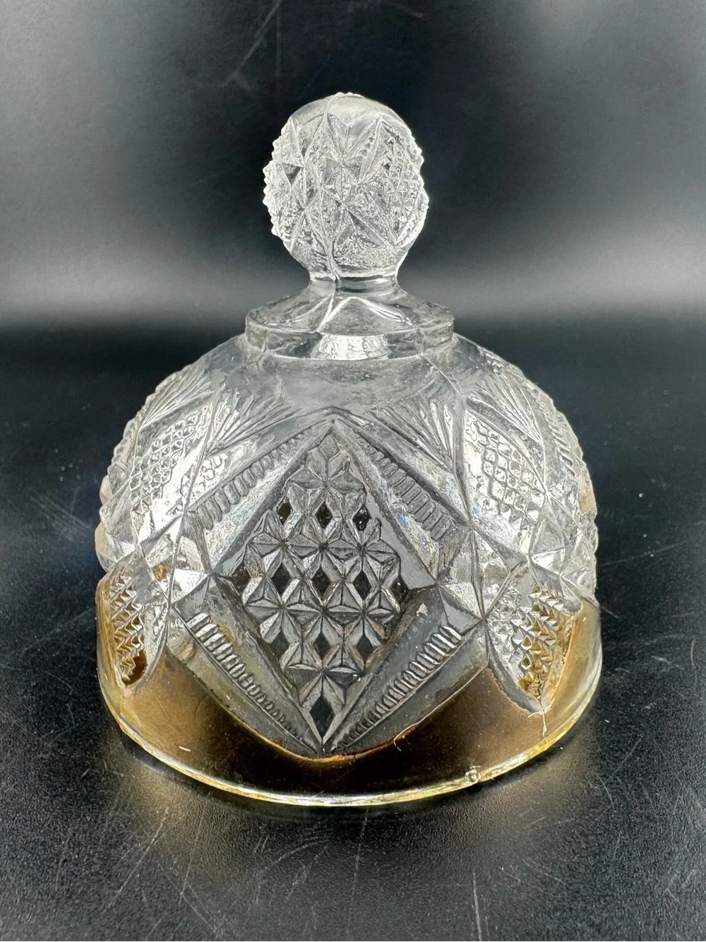 Antique EAPG Butter Dome with Star Motif - Clear and Gold Trim